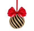 Christmas Ball in Black and gold color with red bow and ribbon. Twisted Christmas Ball on white background. Vector. Royalty Free Stock Photo