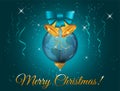 Christmas ball with blue bow and golden bells, vector illustration Royalty Free Stock Photo