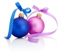 Christmas ball Blue and Pink with ribbon bow Isolated on white Royalty Free Stock Photo