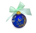 Christmas ball with blue ribbon isolated on white Royalty Free Stock Photo