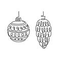 Christmas Ball and Fir Cone Outline Vector Illustration. One Line Art