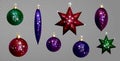 Christmas Ball Fir Toys Realistic 3d star shape golden silver sparkle.Red Green Blue Purple New Year tree decoration Royalty Free Stock Photo