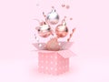 Christmas ball floating gift box opening pink background 3d rendering