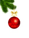 Christmas ball with a gold bow on the fur-tree