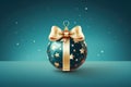 Christmas ball with a golden bow on a blue background. 3D illustration. Generative AI Royalty Free Stock Photo