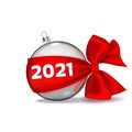 Christmas ball hanging on red ribbon bow realistic isolated with golden numbers 2021. Happy New Year Royalty Free Stock Photo