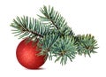 Christmas ball hanging on ribbon and christmas tree isolated Royalty Free Stock Photo