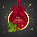 Christmas ball, Holiday round frame. Banner with Red Ribbon and Bow for Happy New Year Royalty Free Stock Photo