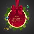 Christmas ball, Holiday round frame. Banner with Red Ribbon and Bow for Happy New Year