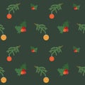 Christmas ball, hollyberry, confetti, spruce branch. Christmas vector seamless pattern. Colorful flat icons on a green Royalty Free Stock Photo