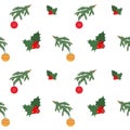 Christmas ball, hollyberry, confetti, spruce branch. Christmas vector seamless pattern. Colorful flat icons on a white