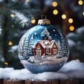 Christmas ball with the house in the snow. Christmas and New Year background. Generative AI Royalty Free Stock Photo