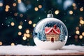Christmas ball with house snow and tree, snow globe ornament with snow flake, generative AI Royalty Free Stock Photo