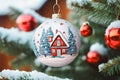 Christmas ball with house snow and tree, snow globe ornament with snow flake, generative AI Royalty Free Stock Photo