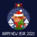 Christmas ball with image bull with tree. Ox with fir tree. Symbol of the Chinese New Year 2021. Xmas greeting card, poster design