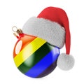 Christmas ball with LGBTQ rainbow pride flag and Santa Claus hat. 3D rendering