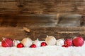 Christmas Ball Ornament, Snow, Copy Space, Rustic Wooden Background