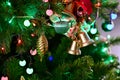 Christmas Ball , Presents, Santa claus and Christmas light on christmas tree with bokeh beautiful background. Royalty Free Stock Photo