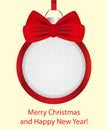 Christmas ball with red bow. Decoration frame for banner, card, poster. Vector Royalty Free Stock Photo