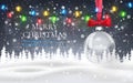 Christmas ball with red bow, snowy night woodland landscape with falling snow, firs, light garland, snowflakes for winter and new Royalty Free Stock Photo