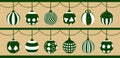 Christmas ball. Set of bauble green balls decorated with white geometric shape hanging isolated on brown background. Ornaments. Royalty Free Stock Photo