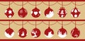 Christmas ball. Set of bauble red balls decorated with white Christmas composition hanging isolated on brown background.Ornaments. Royalty Free Stock Photo