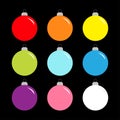 Christmas ball set. Cute colorful rainbow round bauble toy set. Happy New Year sign symbol. Flat design style. Black background. Royalty Free Stock Photo