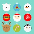 Christmas ball set. Penguin, Santa Claus, bear, snowman, deer face. Belt, holly berry, snowflake, candy cane. Cute bauble toy. Royalty Free Stock Photo