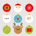 Christmas ball set. Santa Claus, bear, snowman, deer face. Belt, snowflake, holly berry, candy cane, gift box. Cute bauble toy. Royalty Free Stock Photo