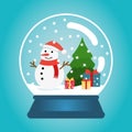 Christmas ball with snow, snowman and a Christmas tree. Snow globe with gift boxes. Winter christmas vector illustration Royalty Free Stock Photo