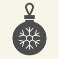 Christmas ball solid icon. Glass tree toy with snowflake glyph style pictogram on white background. Decoration ball for