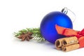 Christmas ball, Christmas tree branch, cinnamon lie on a white background. Royalty Free Stock Photo