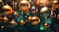 Christmas balls background. Christmas decoration on abstract blured dark background. Traditional New Year illustration with golden