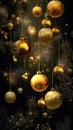 Christmas balls background. Christmas decoration on abstract dark background. Stylish New Year vertical illustration with golden