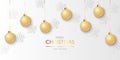 Christmas balls background, Hanging gold christmas balls and snowflakes, vector Royalty Free Stock Photo