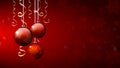 Christmas balls. Christmas background. Merry Christmas banner. Three Red Christmas ornament balls on red bokeh snow and snowflake Royalty Free Stock Photo