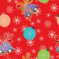 Christmas balls and bells seamless pattern snowflake red backgro