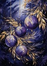 Christmas balls card template with Luxury Golden Ornaments in Rich purple and Gold colors with purple background. For banners, Royalty Free Stock Photo