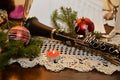 Christmas balls and clarinet Royalty Free Stock Photo