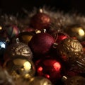 Christmas balls closeup, xmas decorations, new year tradition, AI Generated