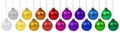 Christmas balls collection of baubles banner decoration ornaments hanging isolated on white Royalty Free Stock Photo