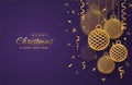 Christmas balls. 3D Realistic hanging golden metallic balls with falling confetti on purple background. Greeting card. New Year Royalty Free Stock Photo