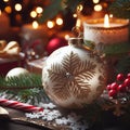 Christmas balls decorated with golden snow stars There was a gift box and a glowing candle next to it. Royalty Free Stock Photo