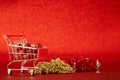 Christmas balls and with decoration on Defocused red lights background. Royalty Free Stock Photo