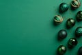 Christmas balls decoration on green background with copy space. Christmas banner design template, greeting card mockup. Flat lay,