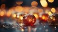 Christmas balls decorations on the Christmas tree on background. Selective focus with shallow depth of field. Royalty Free Stock Photo