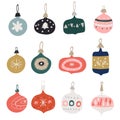 Christmas balls in different colors hanging. Happy new year. Scandinavian ornament bauble decoration, traditional geometric shapes