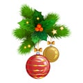 Christmas balls with fir branches and holly berries. Vector