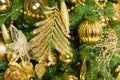 Christmas balls on fir tree. New Year holidays and Christmastime celebration