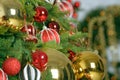 Christmas balls toys on fir tree. New Year holidays and Christmastime celebration. Royalty Free Stock Photo